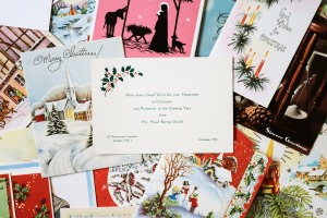 stack of printed postcards - xmas theme on table
